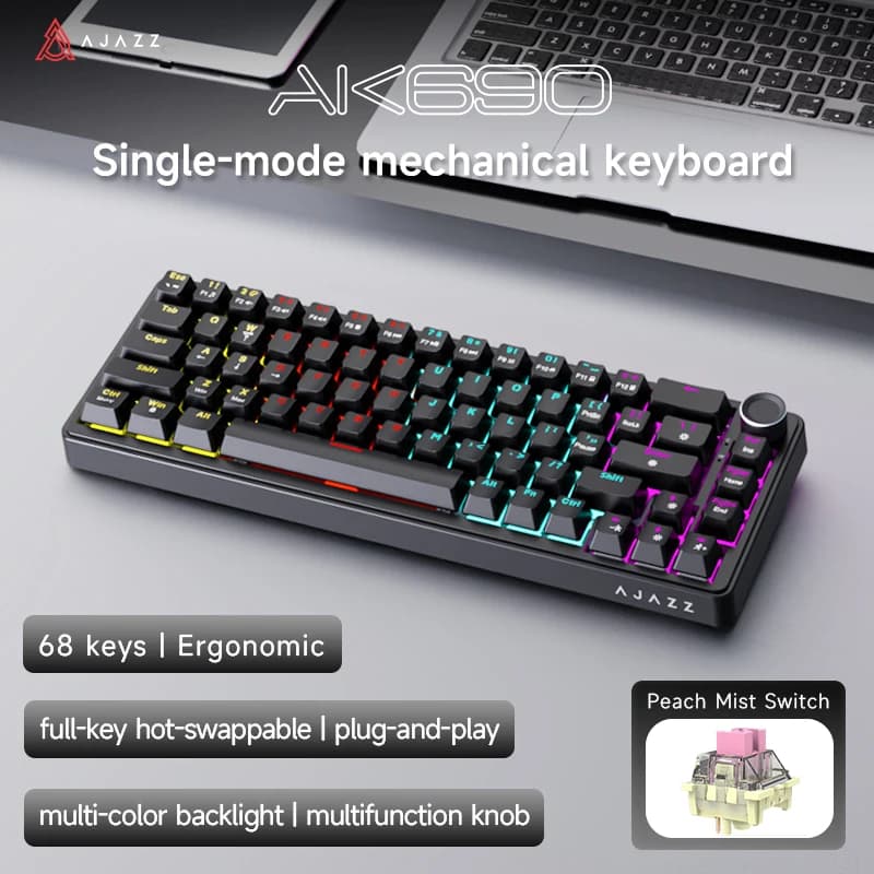 AJAZZ AK690 65% Mechanical Keyboard Wired USB Plug and Play Full-key Hot-Swap Mixed Light 68 Keys Gaming Keyboard for Laptop PC