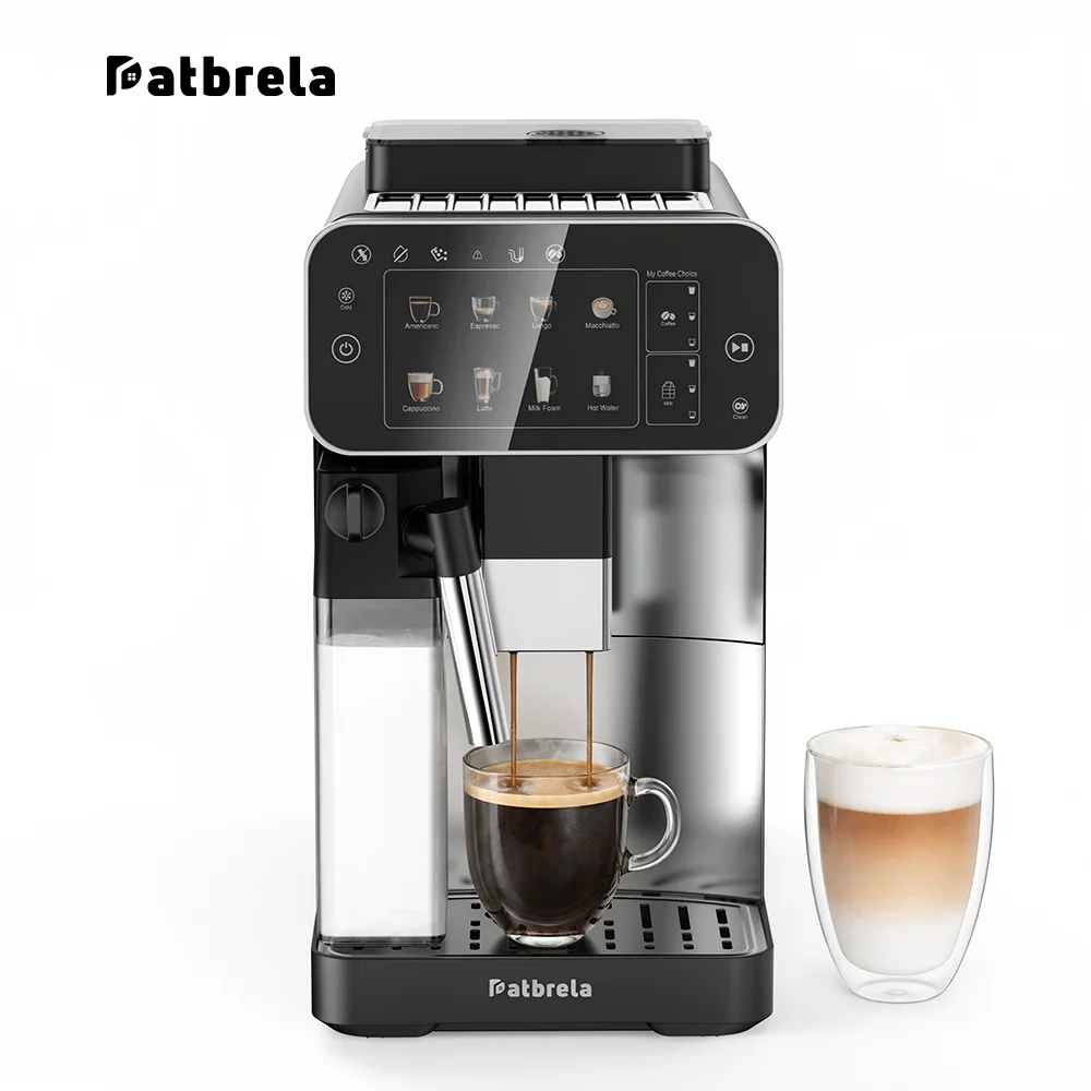 Patbrela 1450W Automatic Coffee Machine, 20 Bar Intelligent Automatic Coffee Machine with Milk Box, 8 in 1 Menu Screen to Make Latte/American/Cappuccino/Cold Brew, Customized Strength of Milk Foam Coffee, Suitable for Home Offices