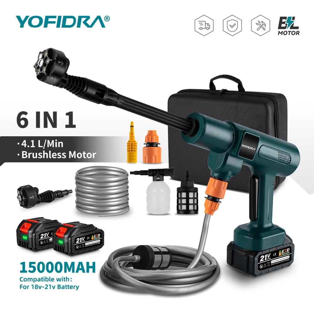 YOFIDRA 200Bar Brushless Electric High Pressure Water Spray Gun 3500W 6IN1 Car Clean Washer Garden Tool For Makita Battery Pin