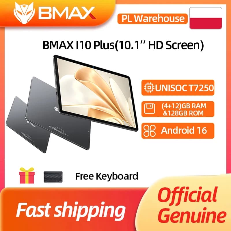 BMAX I10 Plus Tablet 10.1" IPS LCD UNISOC T7250 8-core 16(4GB+12GB) RAM 128GB ROM 6000mAh Type-C Android 16 Tablets WiFi Bluetooth
