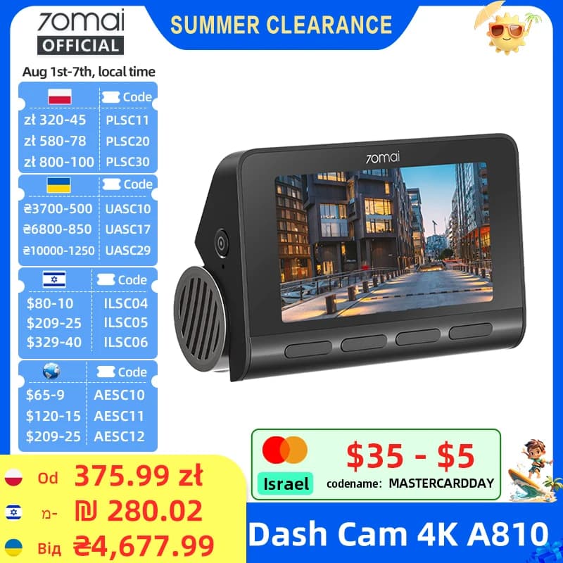 70mai 4K Dash Cam A810 HDR Built-in GPS ADAS 24H Parking 4G Compatible Car DVR 70mai A810