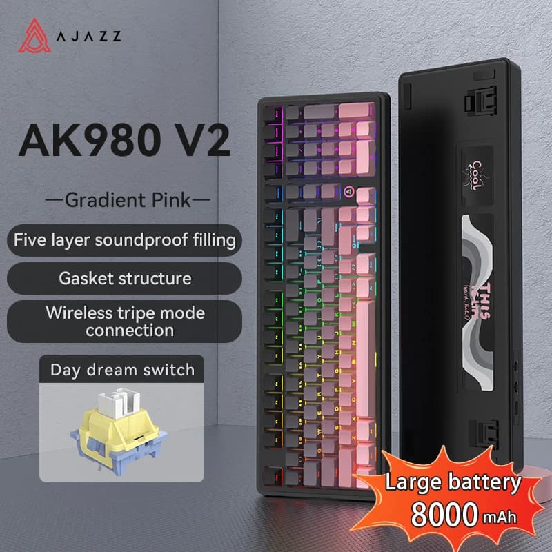 AJAZZ AK980 V2/PRO Three-Mode Wireless Mechanical Keyboard, Hot Swappable Gasket Mount, RGB Backlight, Low-Noise Typing Experience, Ergonomic Keyboard for Office & Gaming