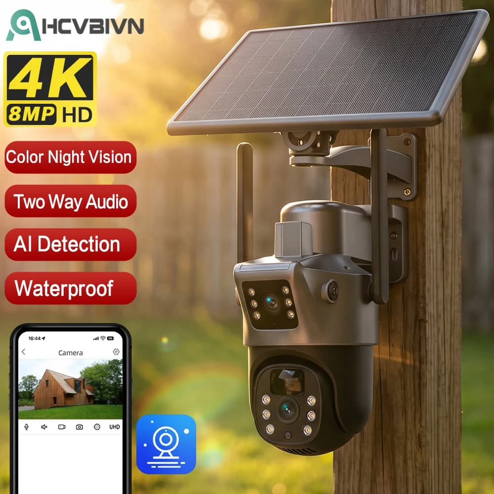 4K Dual Lens Solar Wireless PTZ IP Camera with AI Auto Tracking and Battery Power Outdoor CCTV Security Surveillance Camera 8MP