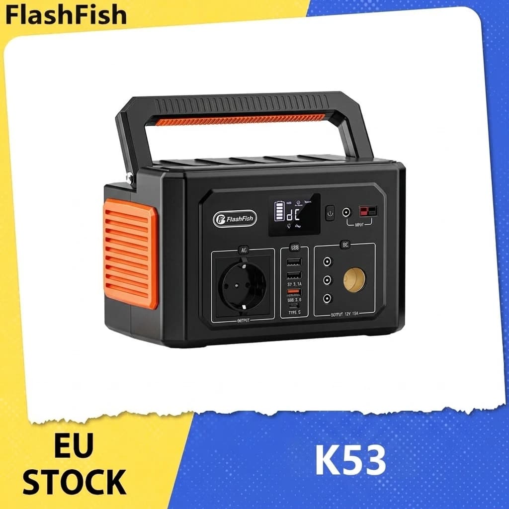 FlashFish K53 Portable Power Station, 400Wh Capacity, 109200mAh Lithium-ion Battery, 400W AC Output, 8 Outputs, QC3.0 USB-A/USB-C, 15V/4A DC Input, 3 Charging Methods, Built-in LED Light