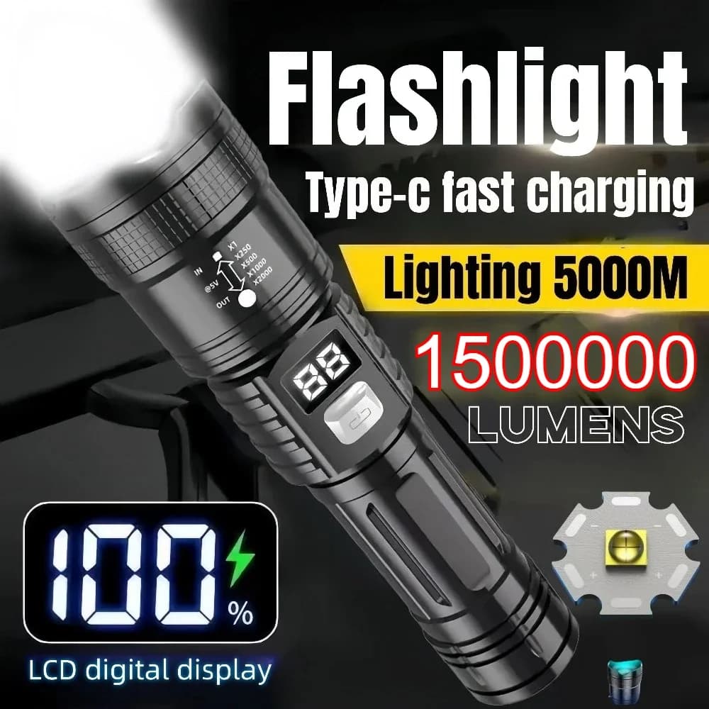 1500000LUM LED Flashlight High Power Type-C Rechargeable Torch Zoomable Light for Outdoor Camping Hiking Lamp Emergency /.'p[
