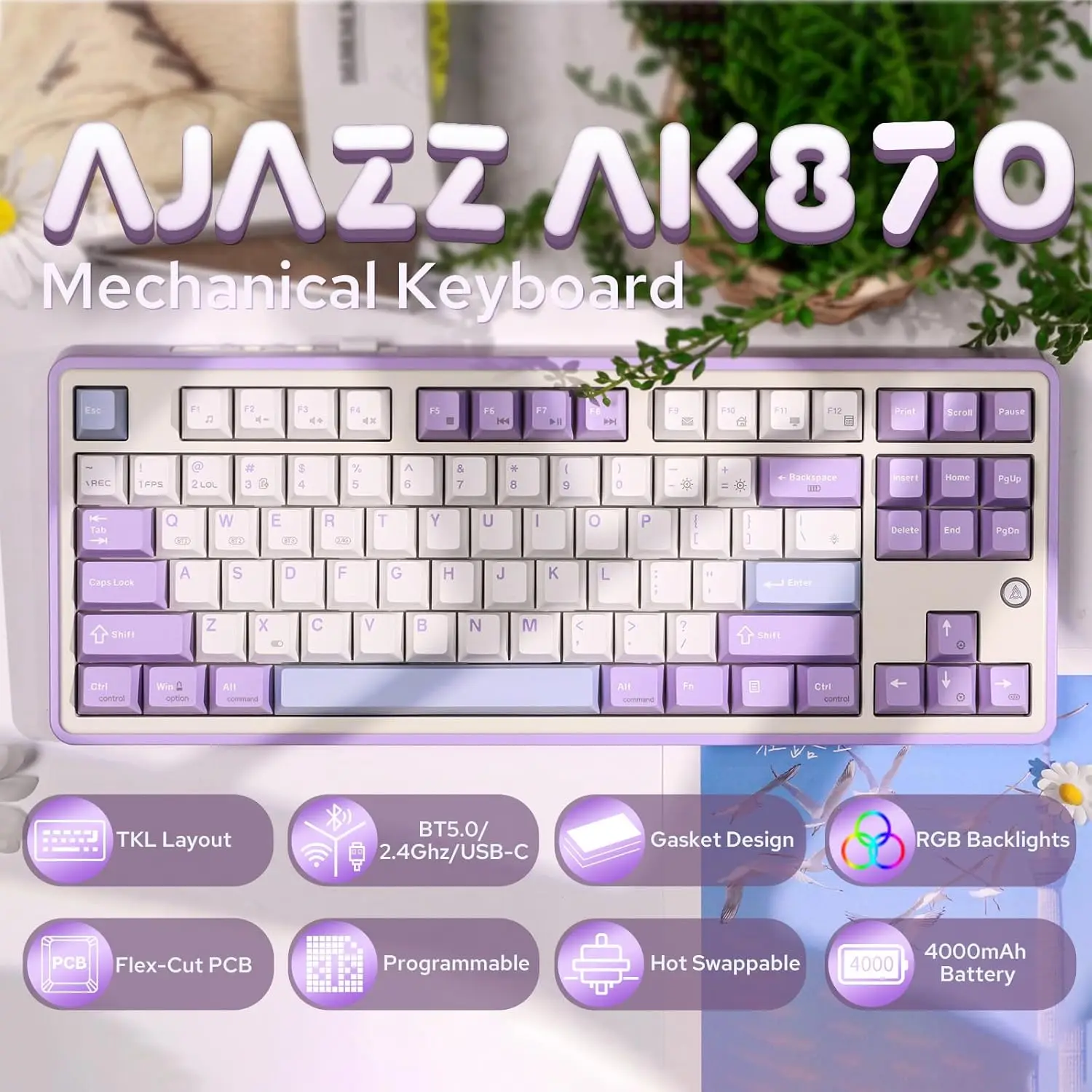 AJAZZ AK870 Mechanical Keyboard, Wireless 3 Modes, Hot-Swappable TFT Screen, 87 Keys (with Keycap Puller), BT5.0/2.4GHz/USB-C