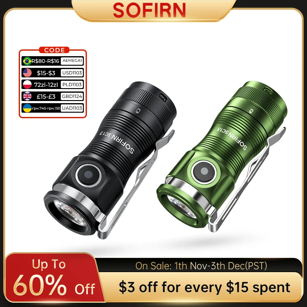 Sofirn Mini SC13 Powerful Flashlight SST40/519A LED 1300lm 18350 Rechargeable Led Light 95 High CRI Torch Lamp with Magnetic