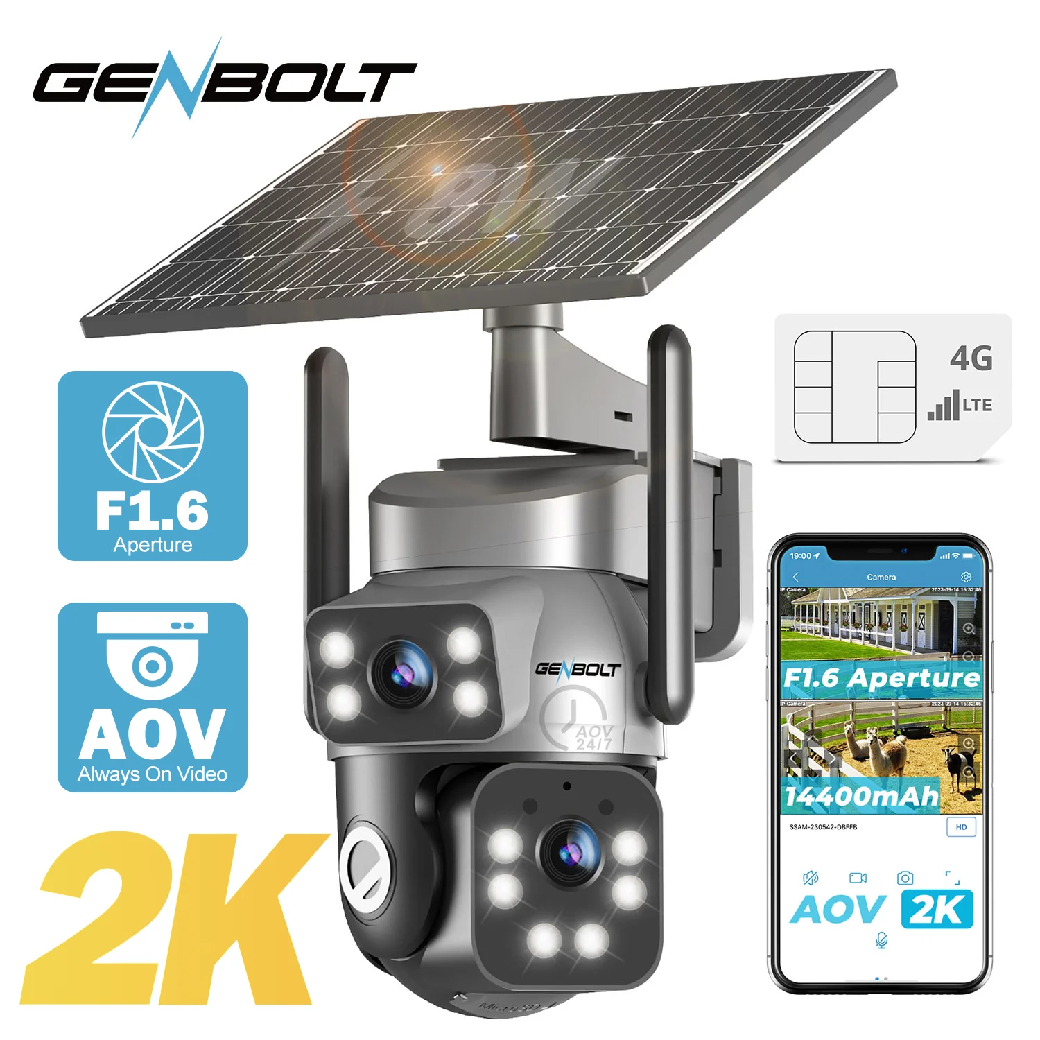 3MP+3MP 4G LTE Solar Security Camera, AOV 24/7 Recording 2K Surveillance, Sim Card, 14400mAh Battery PIR Human Detection GENBOLT