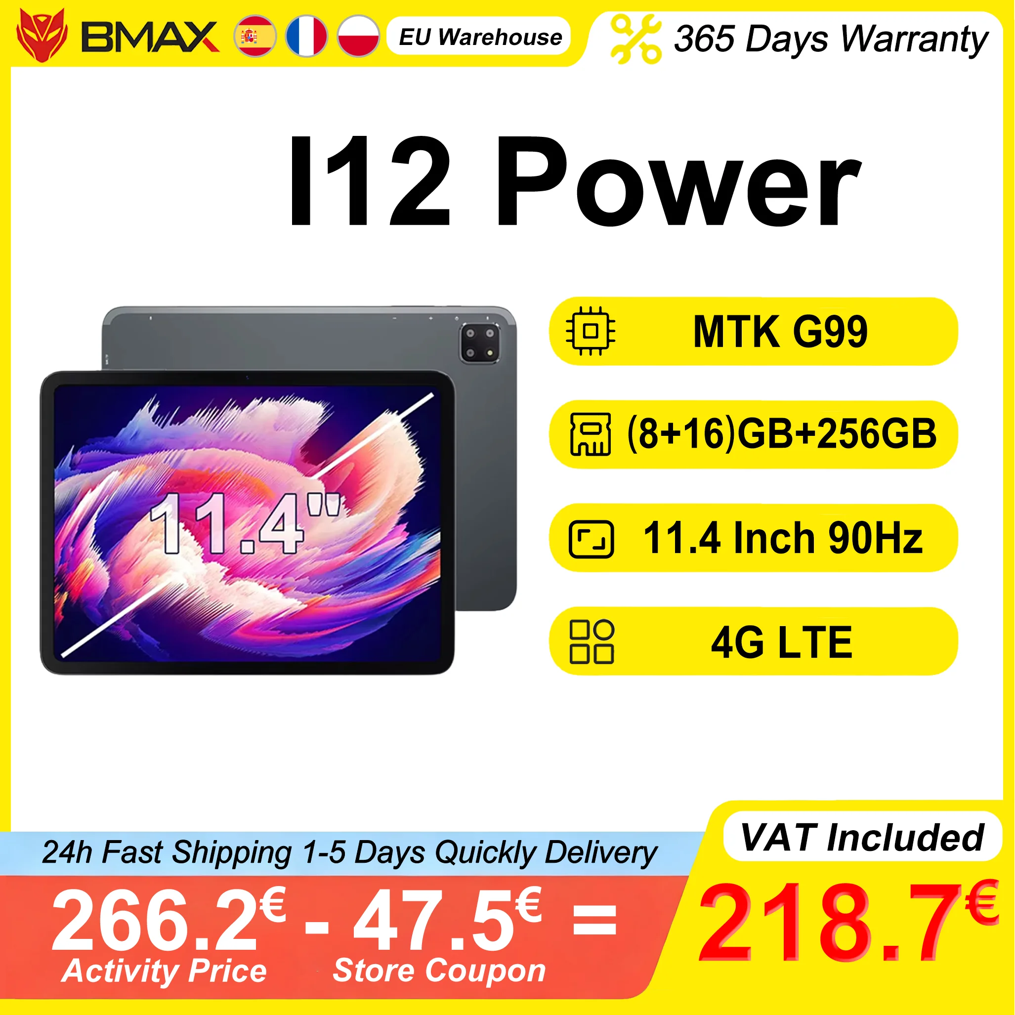 BMAX I12 Power Tablet (8+16)GB RAM 256GB ROM 4G LTE 11.4" 2.4K IPS 90Hz MediaTek Helio G99 Android 15