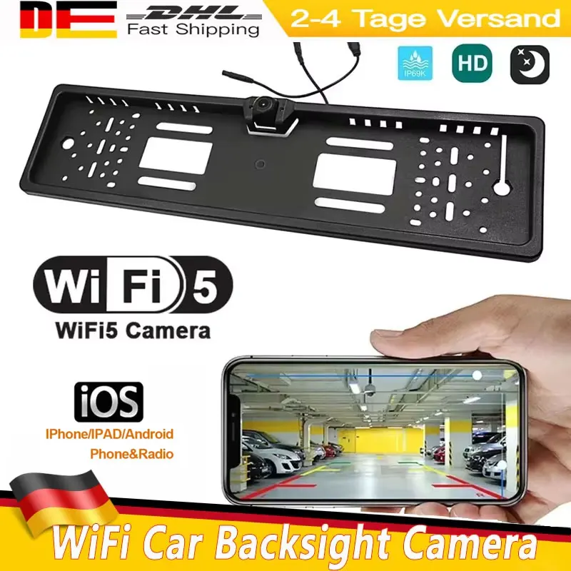 WiFi Car Rear View Camera 170° EU European License Plate Frame Waterproof HD Night Vision Camera Reverse Backup For IOS/Android