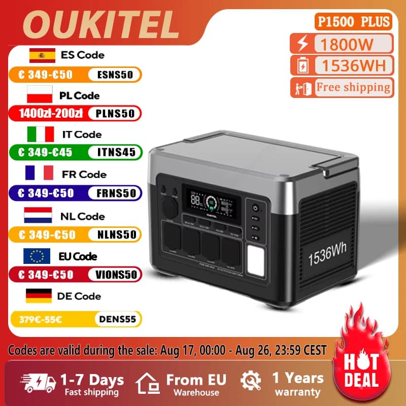 OUKITEL P1500E PLUS Portable Power Station 1800W Solar Generator 1536Wh Lifepo4 Battery for Home Emergency, Outdoor Camping, RV