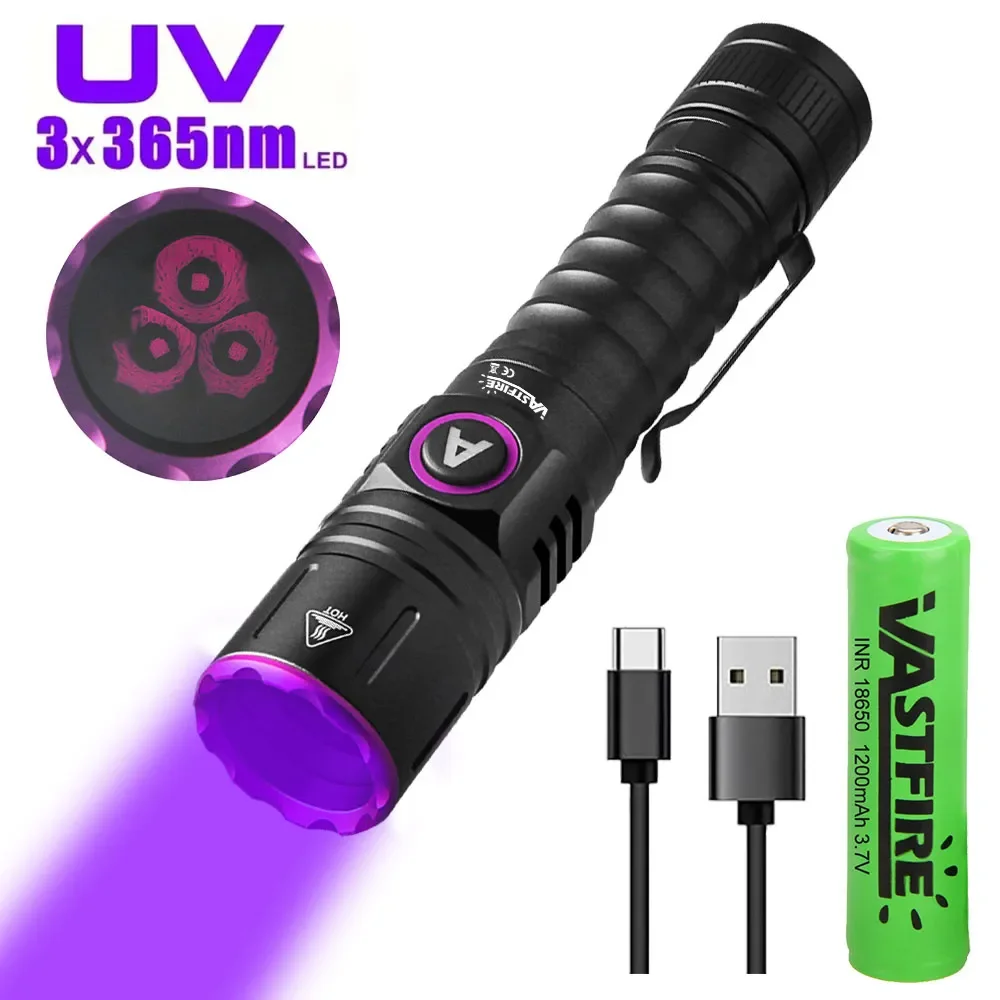365nm UV Taschenlampe USB Rechargeable, Blacklight Flashlight for Pet Urine Detector & Counterfeit Money Check, Waterproof UV Torch with 365nm LED, EU Warehouse