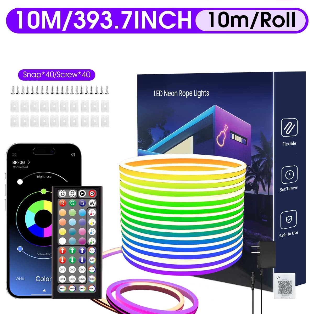 30/20/15/10/5 m LED Neon Rope Lights, Control with App/Remote Control, IP65 Waterproof Flexible LED Rope Light, Multiple Modes, RGB Neon Lights