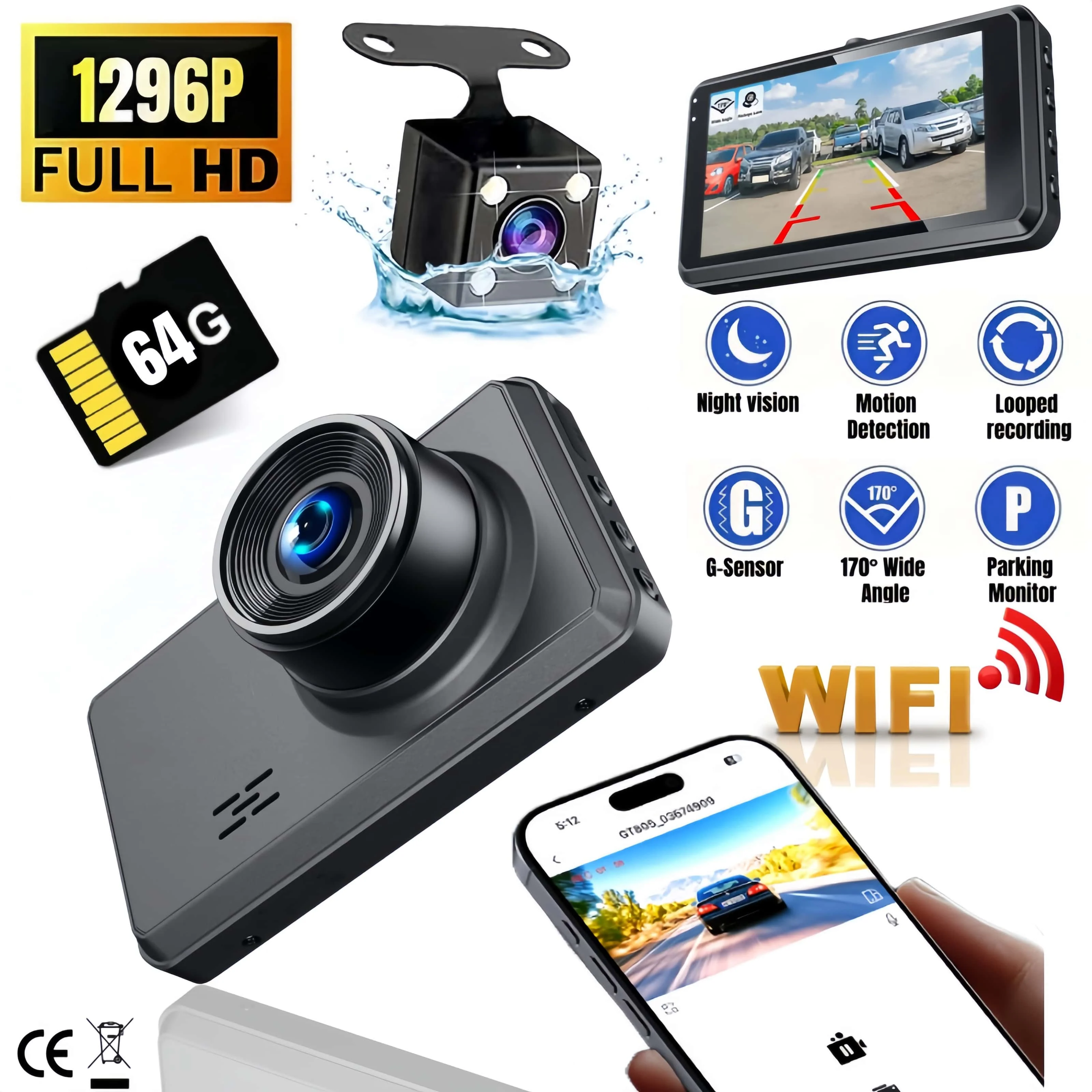 1296P Dash Cam Front and Rear Built-in 2.4G WiFi Dual Dash Camera for Cars with App 170°Wide Angle WDR HD Night Vision Car DVR
