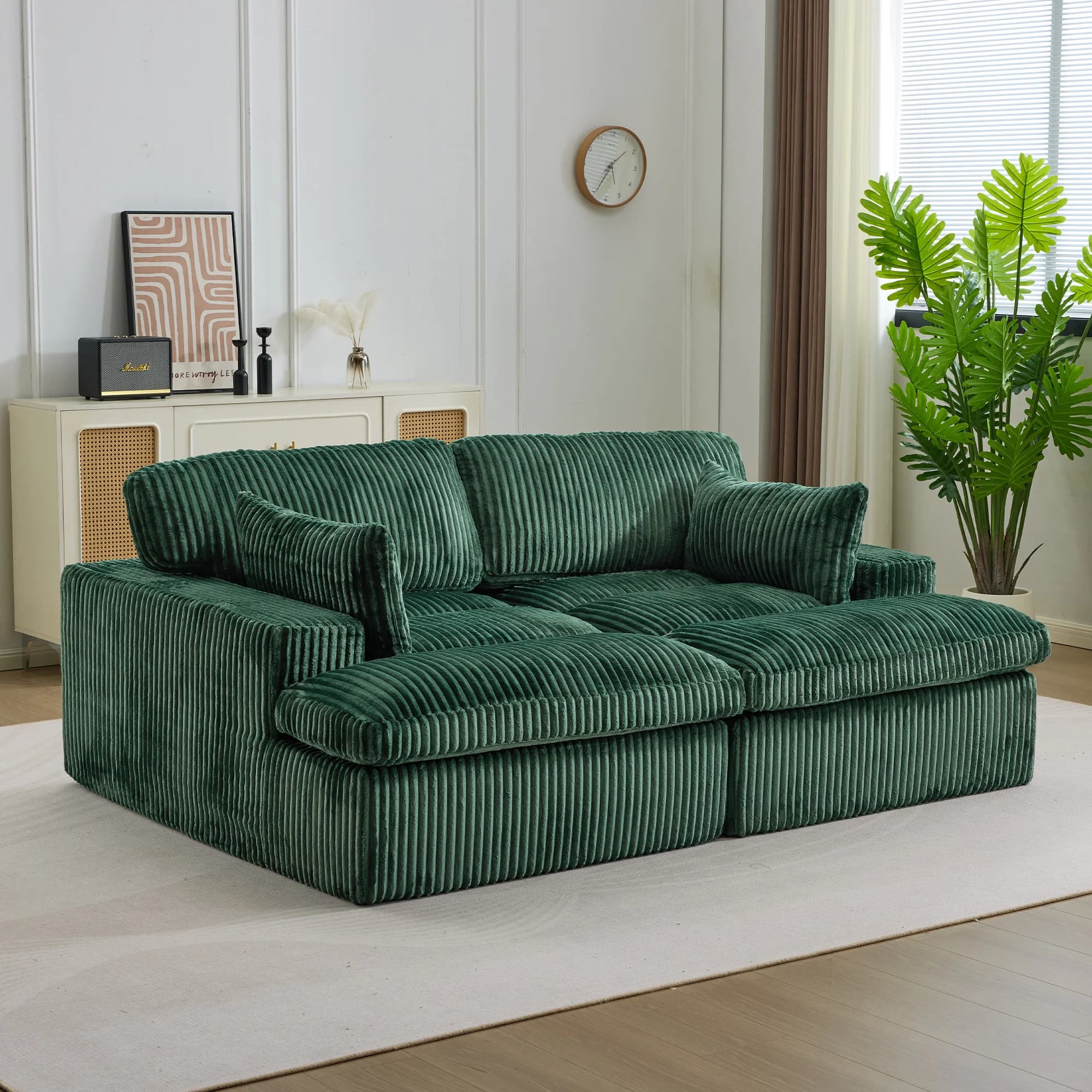 Green Corduroy Modular Sectional Modern Sofa Bed, 2-Seater Free Combination Chaise Lounge, No Assembly, Ergonomic Support Loveseat Sofa
