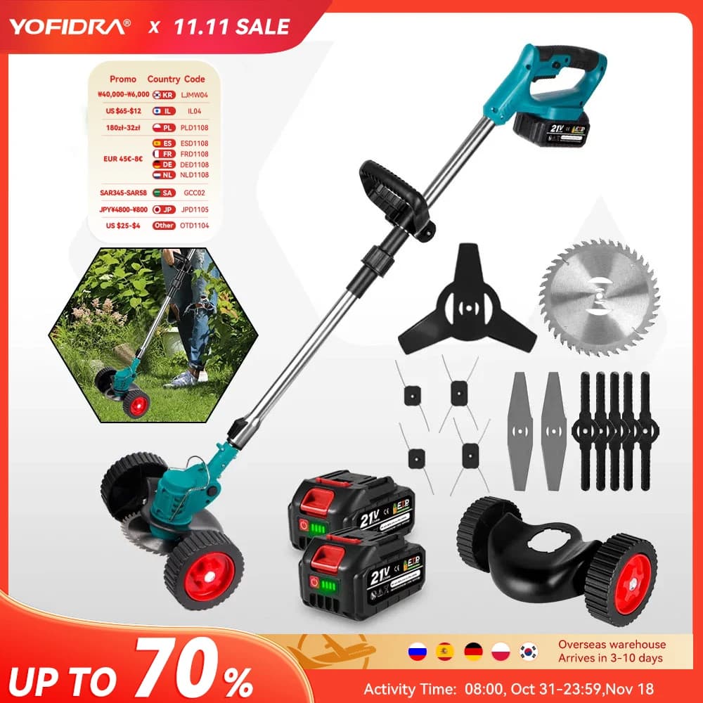 YOFIDRA Electric Lawn Mower Cordless Garden Grass Cutting Trimmer 100-135cm Length Cutter Power Tool For Makita 21V Battery Pin