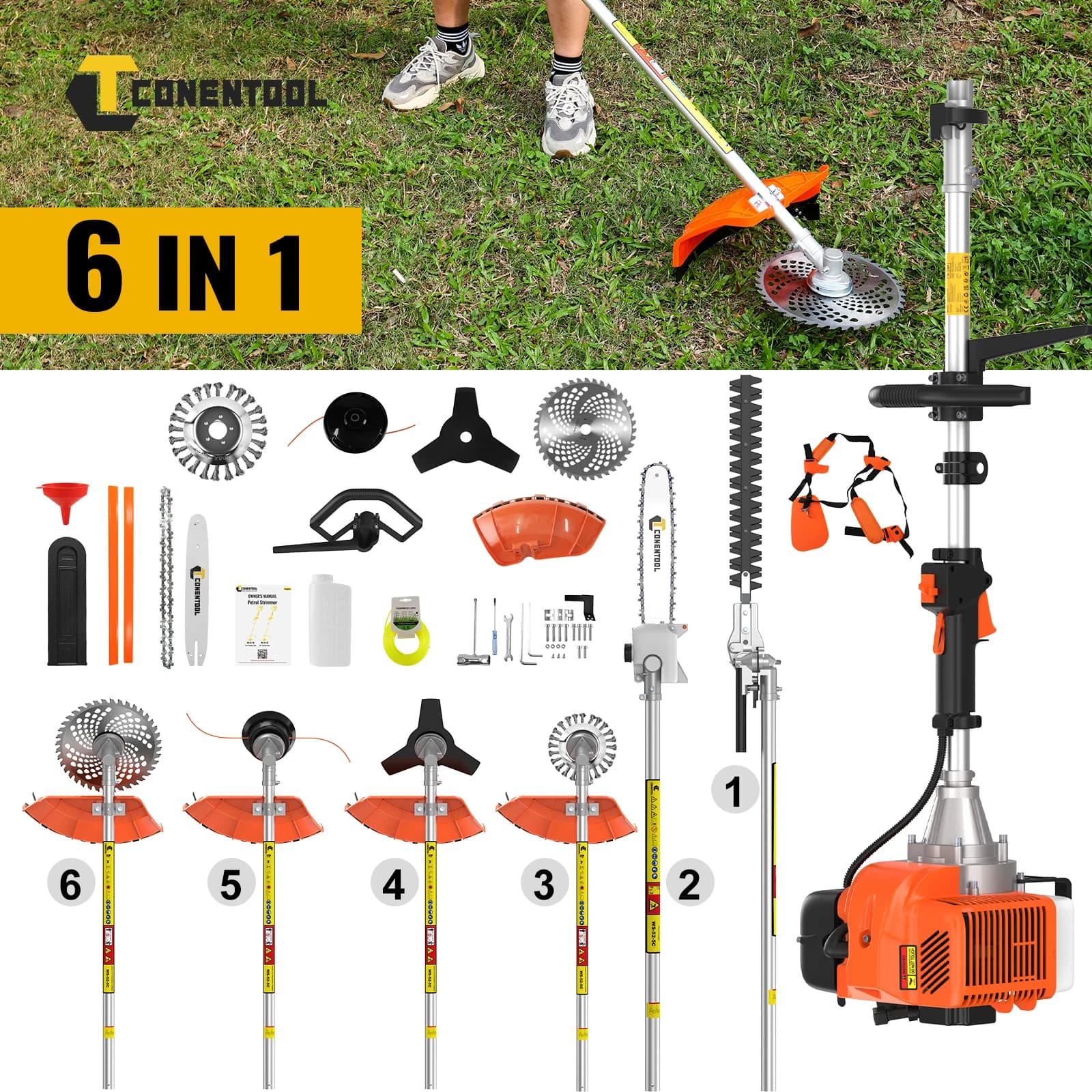 CONENTOOL 6 IN 1 2 Stroke Engine Petrol Lawn Mower 52CC Petrol Strimmer Gas Hedge Trimmer Chainsaw Pruning Branches Garden Tools