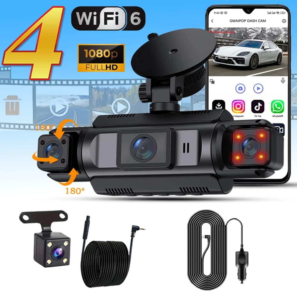 Car Dash Cam 4 Channel Black Box WiFi Driving Camera FHD 1080P Front Left Right Rear Night Vision Loop Recording Add Hardwire