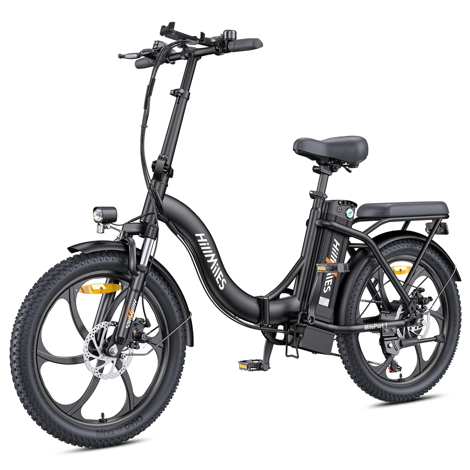 HillMiles MilePort Folding E-Bike, 250W Motor, 36V 13Ah, 25km/h, 20"x3.0" Fat Tires, Suspension Fork, 7-Speed, 100km Range