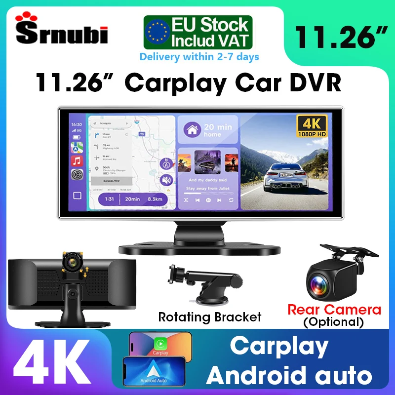 Srnubi 11.26" 4K Car DVR Wireless Carplay Android Auto Dash cam WIFI Remote Control Recorder G-sensor GPS Navigation Rear Camera
