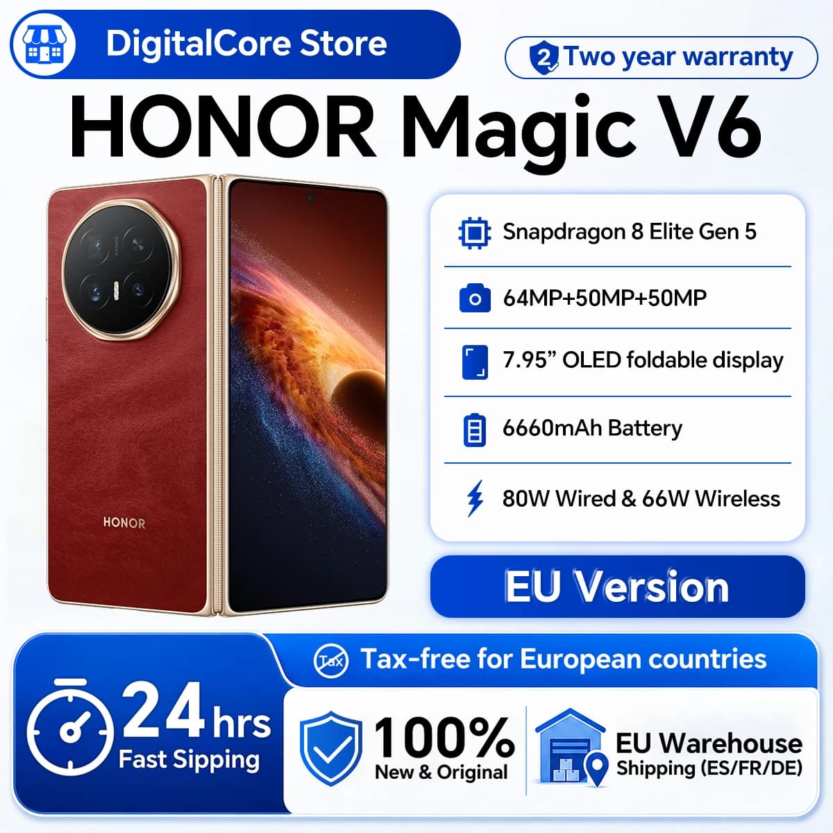 HONOR Magic V6 EU Version 5G Smartphone Snapdragon 8 Elite Gen5 6660mAh Battery 80W SuperCharge  MagicOS 10 7.95" OLED Display IP69
