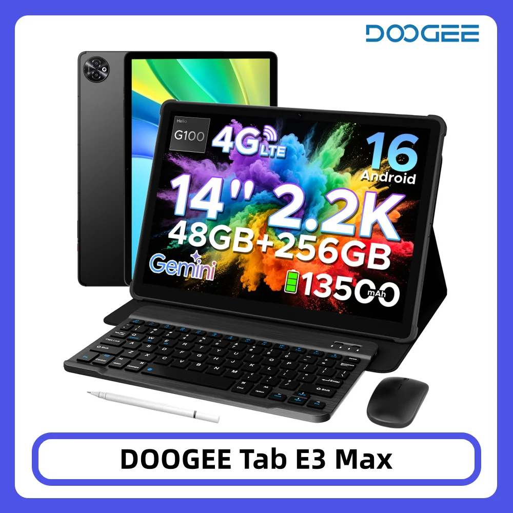 DOOGEE Tablet PC 2 in 1 Tab E3 Max Gmini AI 14 "screen 2.2K Battery mAh Android 16 48Go(8 + 40) 256 Go Helio G100 AI Tablet