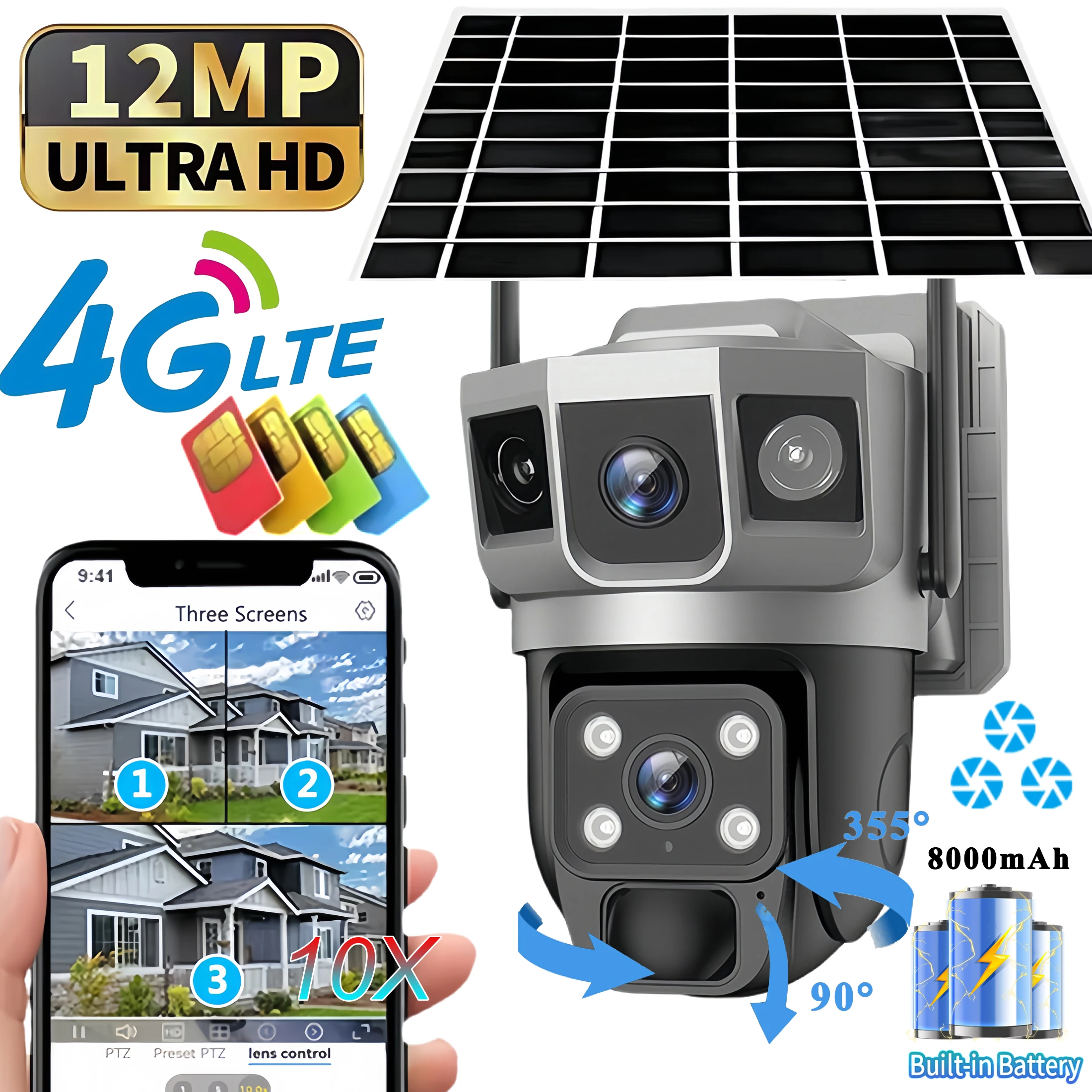 V380 Pro 12MP Solar 4G IP Camera CCTV Three Screen Auto Tracking Outdoor Waterproof 6K Security Surveillance PTZ Camera Rechargeable Battery Powered 4G Surveillance Camera 355-Degree Horizontal And Ve
