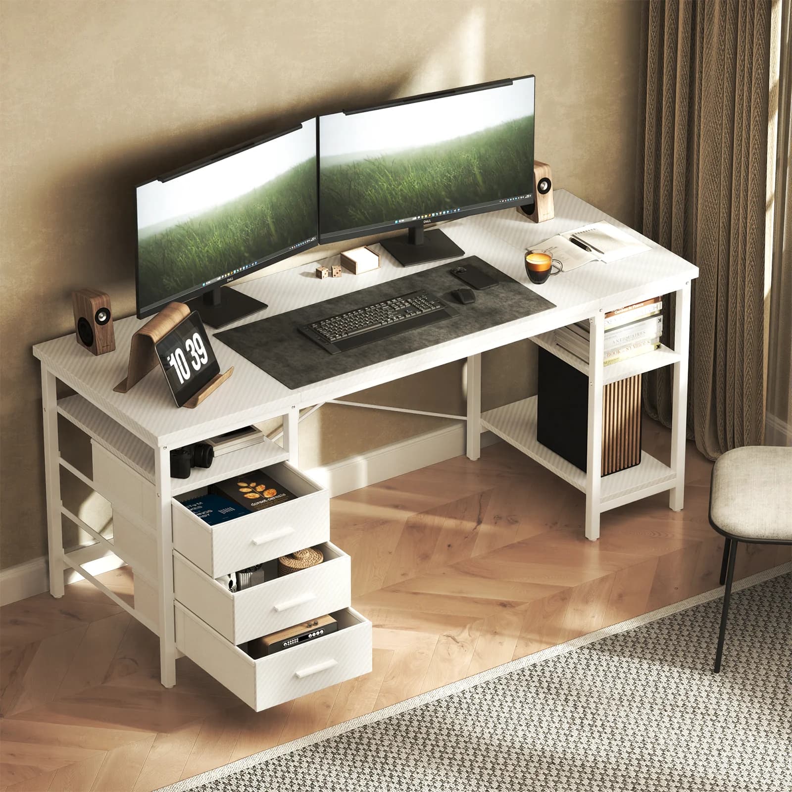 Patbrela Computer Desk with 3 Fabric Drawers 120 × 60 × 75 cm Gaming Desk with 3 Shelves, Brown Gamer Desk 3 Color，Office Desk