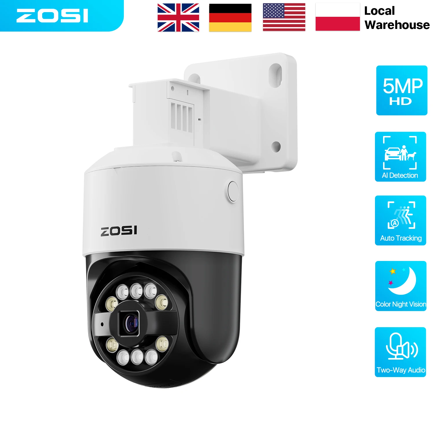 ZOSI 5MP PoE Security Camera PTZ Outdoor Audio AI Face Vehicle Detect Starlight Night Vision CCTV Video Surveillance IP Cam C296