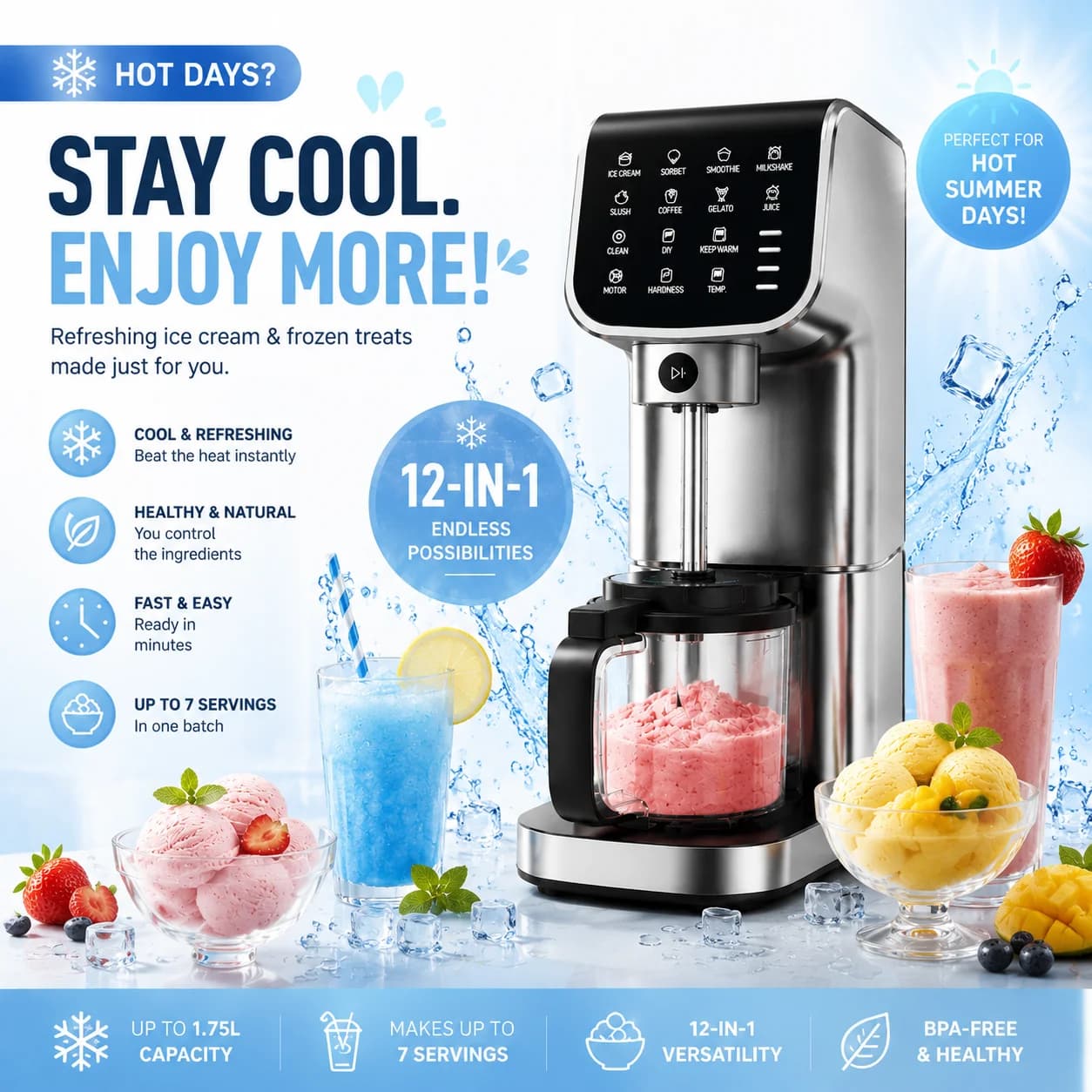 IcyTreat Ice Cream Maker 1.5L/57oz No Ice Needed Household Slushie Machine with 12 Preset Programs BPA-Free Frozen Drink Maker for Gelato Sorbet Milkshake Yogurt with Tritan Tubs Scoop Towel & Recipe Book