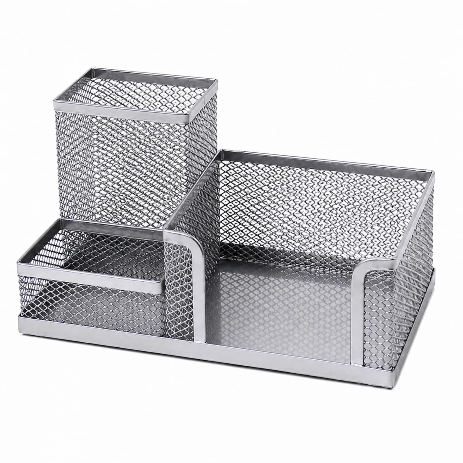 Metal Mesh Desk Organizer with 3 Compartments, Iron Pen Holder for Office and Home, Note and Stationery Stand, 20.5x10.4x10 cm, Black and Silver