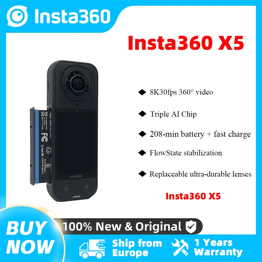 Insta360 X5 360 Action Camera 2025 New 8K 30Fps Replaceable Lenses Triple Ai Chip Superior Low Light 185 Mins Run Life Insta 360