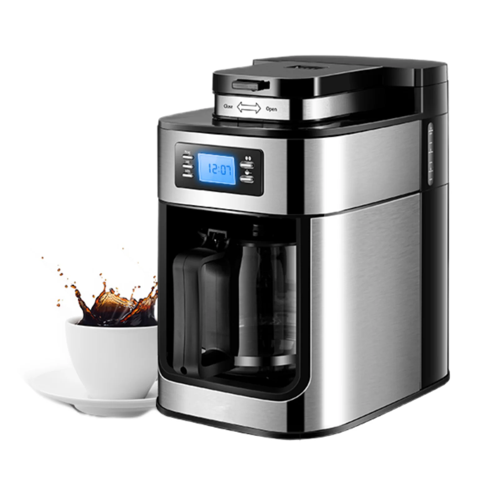 Coffee maker with grinder, 1000ml, filter coffee maker, with timer and LCD display, 92 °C temperature, drip stop, stainless steel