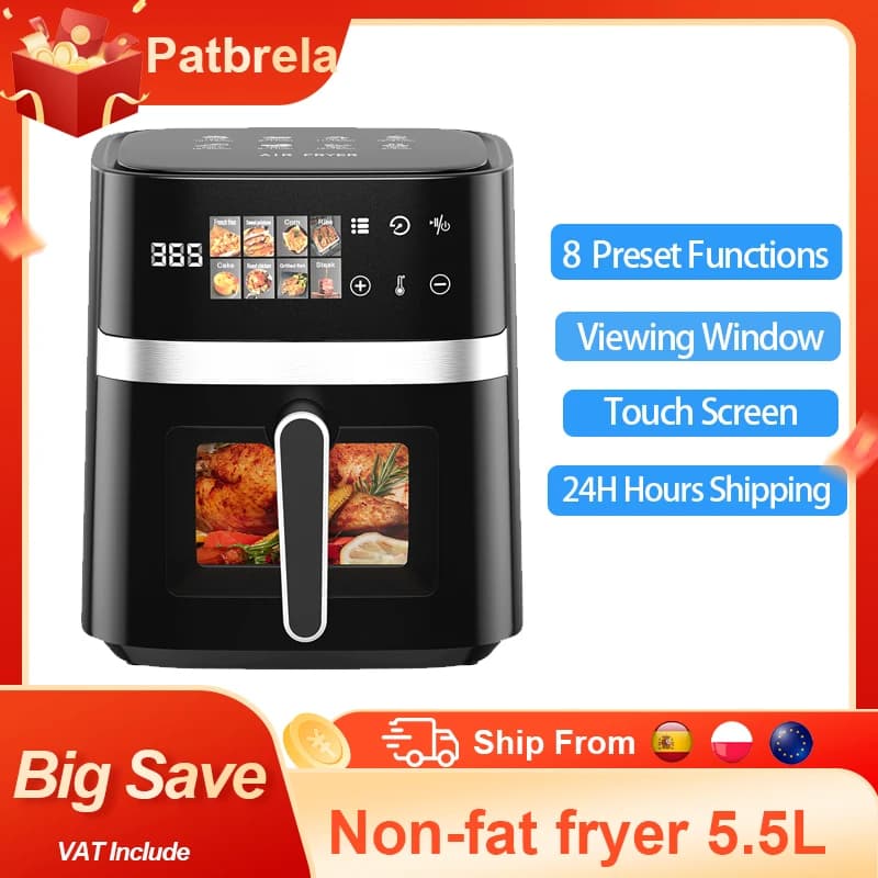 Patbrela 5.5L Capacity Air Fryer 1350W Oil Free Electric Fryer Timer Control Home Kitchen Cooker Non-fat Fryer