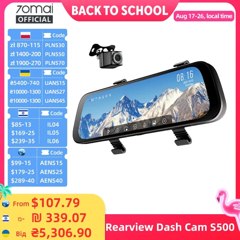 70mai Rearview Dash Cam S500 9.35'' Touch Screen 70mai S500 Car DVR 3K Super Capacitor Dual-Channel HDR Voice Control 24H Park