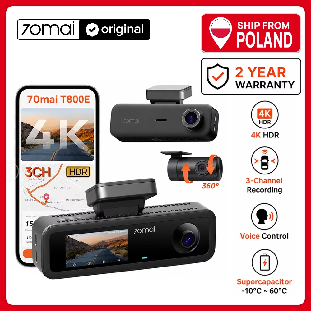 70mai T800E 3-Channel Front 4K + Rear 1080P + Interior 1080P HDR Supercapacitor 24H Parking GPS WiFi 6 70mai T800E Voice Control