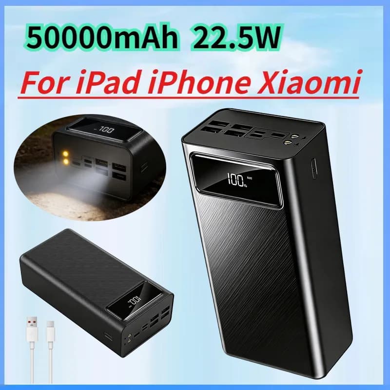 New Power Bank 50000mAh Large Capacity Fast Charging Power Bank 4 USB Port Powerful Flashlight for Iphone Samsung Xiaomi Huawei