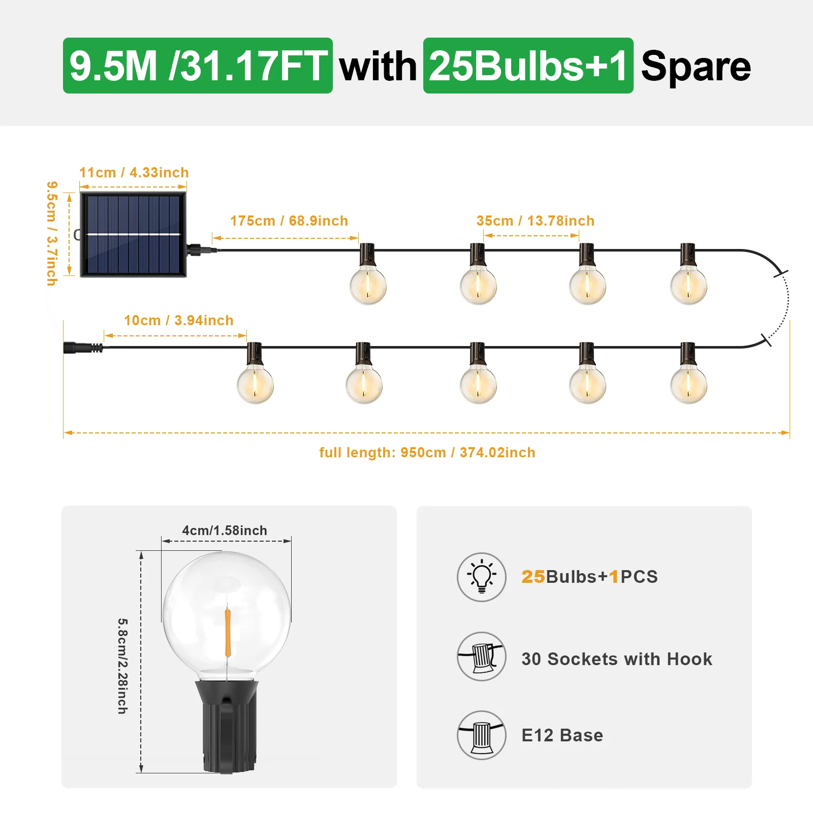 Solar LED String light Outdoor with Remote Control - Dimmbar G40 Lantern Bulbs Outdoor Waterproof 8 Modes Solar L