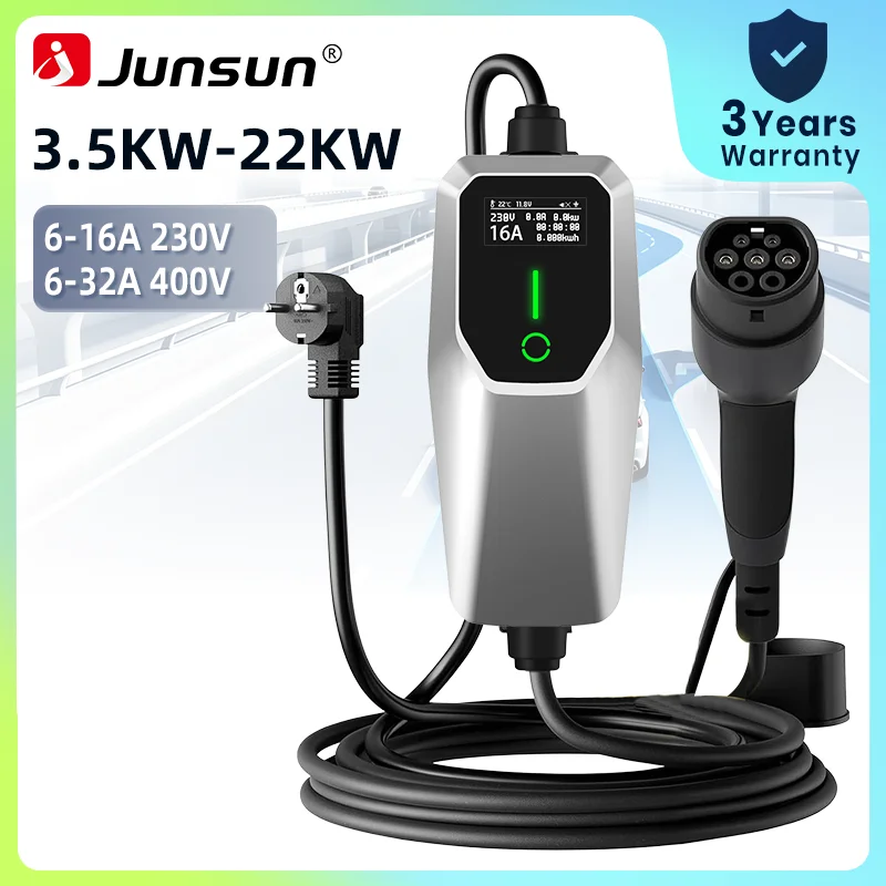 Junsun EV Charger Type 2 Electric Vehicle Charging Cable Schuko 3.5KW CEE Blue 7.4KW CEE Red 11KW 22KW 16A 32A Three Phase Portable EVSE Wallbox Charging Station for EU Plug