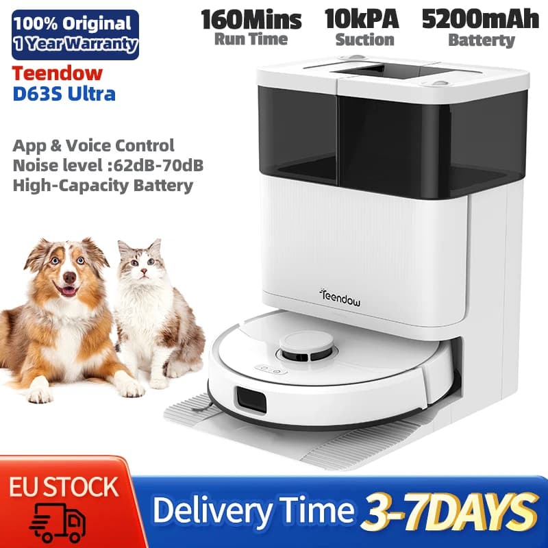 Teendow D63S Ultra Robot Vacuum Cleaner 10KPa Super Suction Auto Mop Wash & Dry Self-Emptying 160 Min Runtime App Voice Control