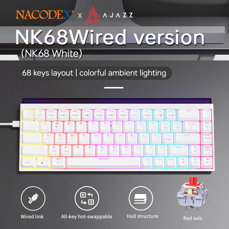 AJAZZ NK68 Wired Mechanical Keyboard, 68% Compact Layout, RGB Lighting for PC Office and Gaming Use.