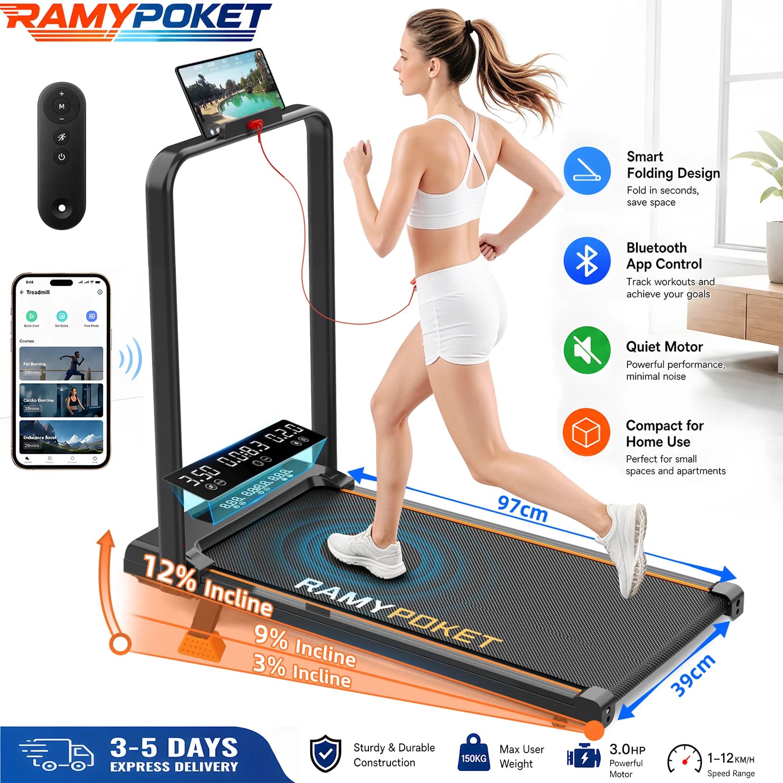 RAMYPOKET Walking Pad Foldable With Incline 9% , 2.5HP 1-10km/h Walking Pad With APP&LED, Max 150kg Treadmill For Home & Office