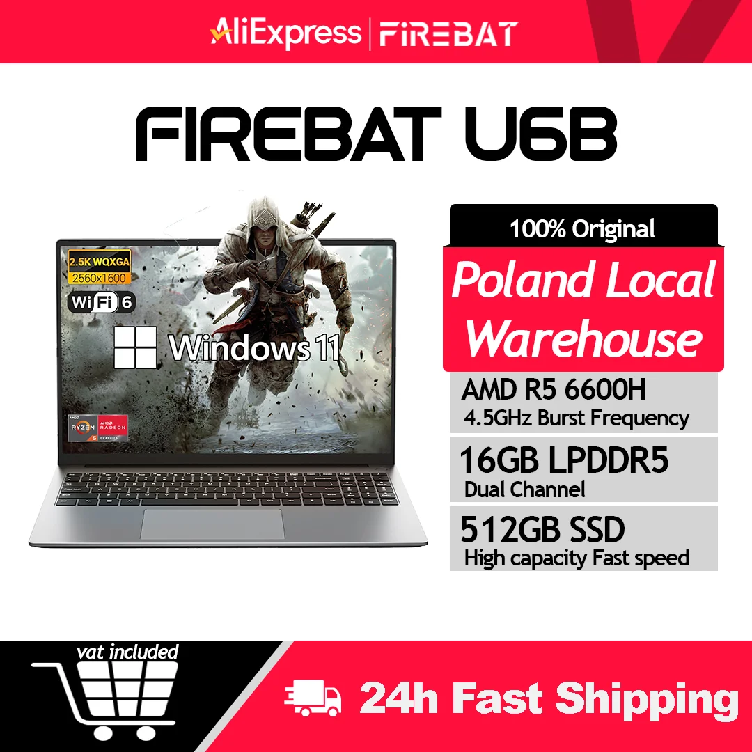 Firebat Laptop U6B AMD R5 6600H DDR5 16GB 512GB SSD 16 Inch 2.5K 120hz IPS Windows 11 Notebook Type-C WIFI6 Full-size Keyboard