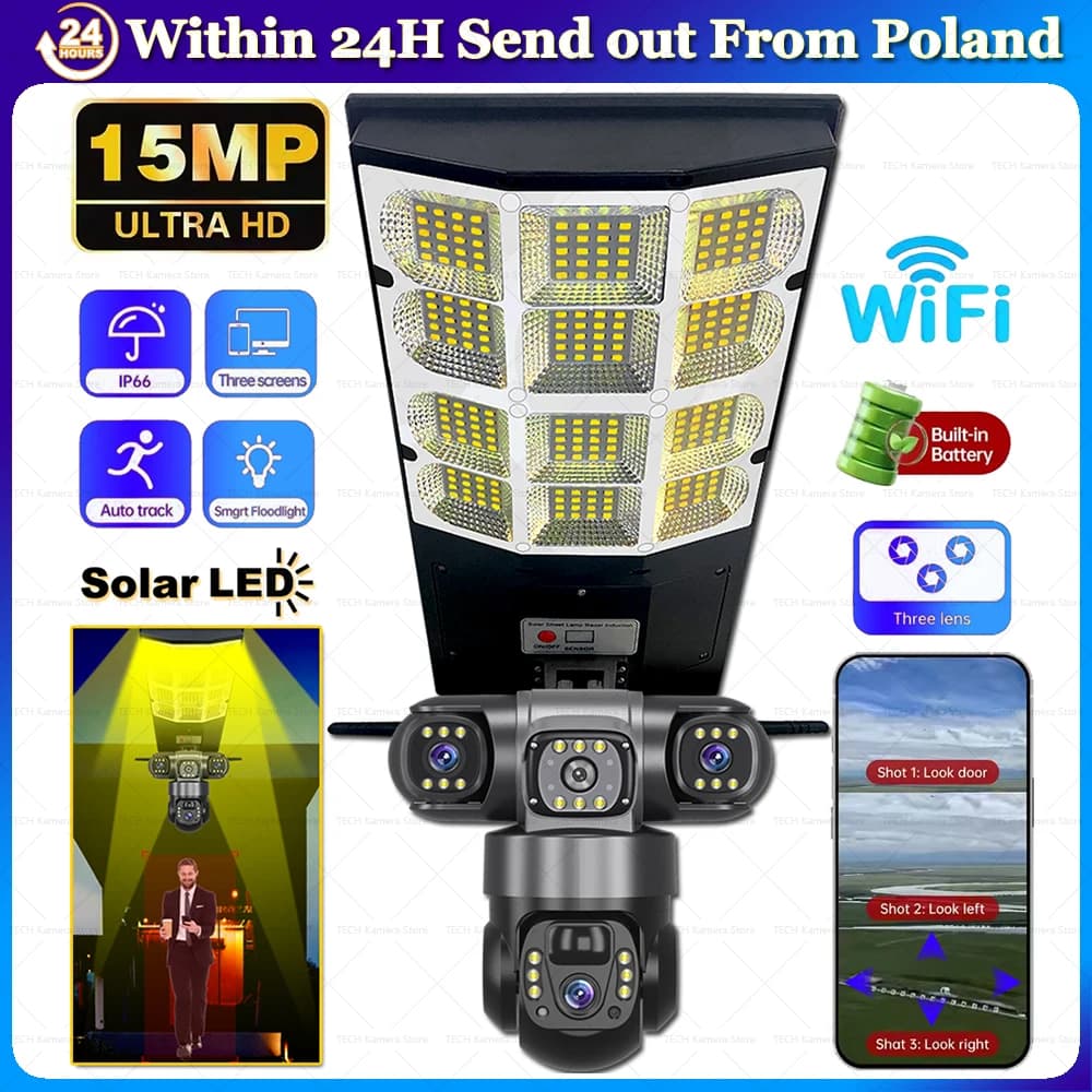 WiFi Solar Cameras Streetlight 2 in 1 3 Lens HD Night Vision Smart Home Security Protection 360 Wireless PTZ Monitor Remote Control IP CCTV Cameras Waterproof Tri-lens Solar Surveillance Monitoring