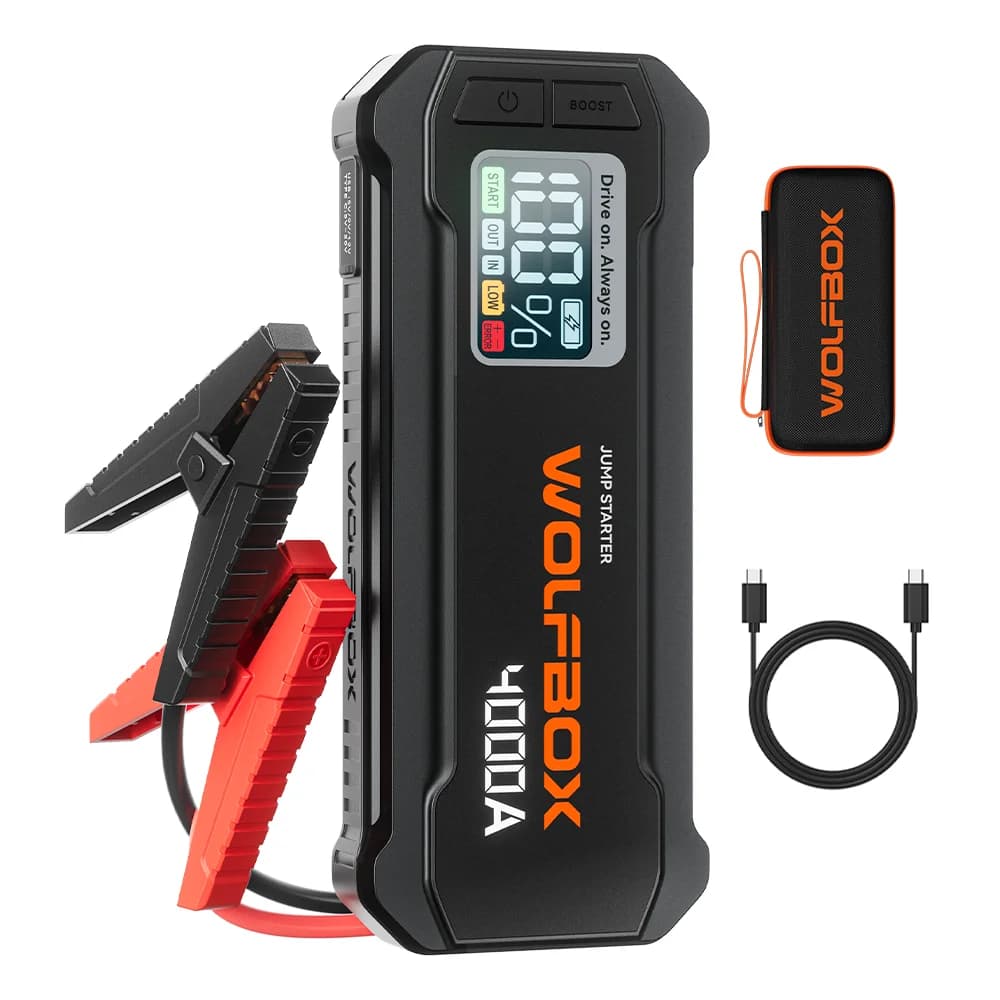 WOLFBOX JS24 4000A 24000mAh Jump Starter 88.8Wh Booster Jump for 12V Car Battery 10L Gas 10L Diesel Engine with LED Light