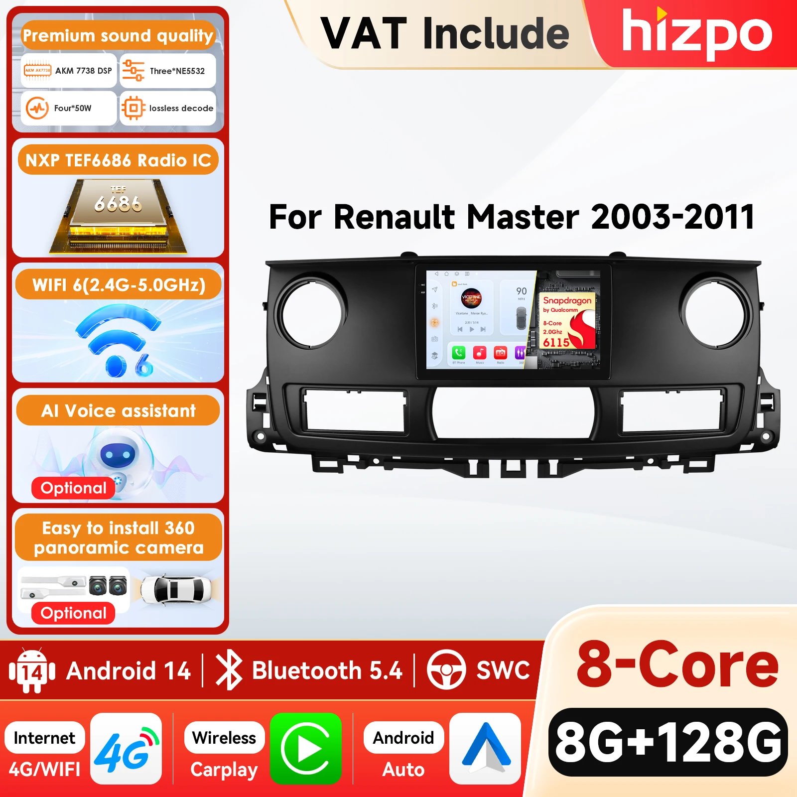 Hizpo AI Wireless Carplay Android Auto for Renault Master 2003-2011 Car Radio Navigation GPS Video Player DSP Stereo 360 Camera
