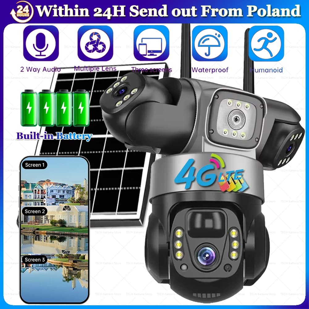 4G Solar Cameras 3 Lens Remote App Control IP CCTV Camera Smart Home Outdoor Security Protection Wireless 360 PTZ Surveillance Monitoring Outdoor Waterproof 4G LTE Built-in Battery Camera