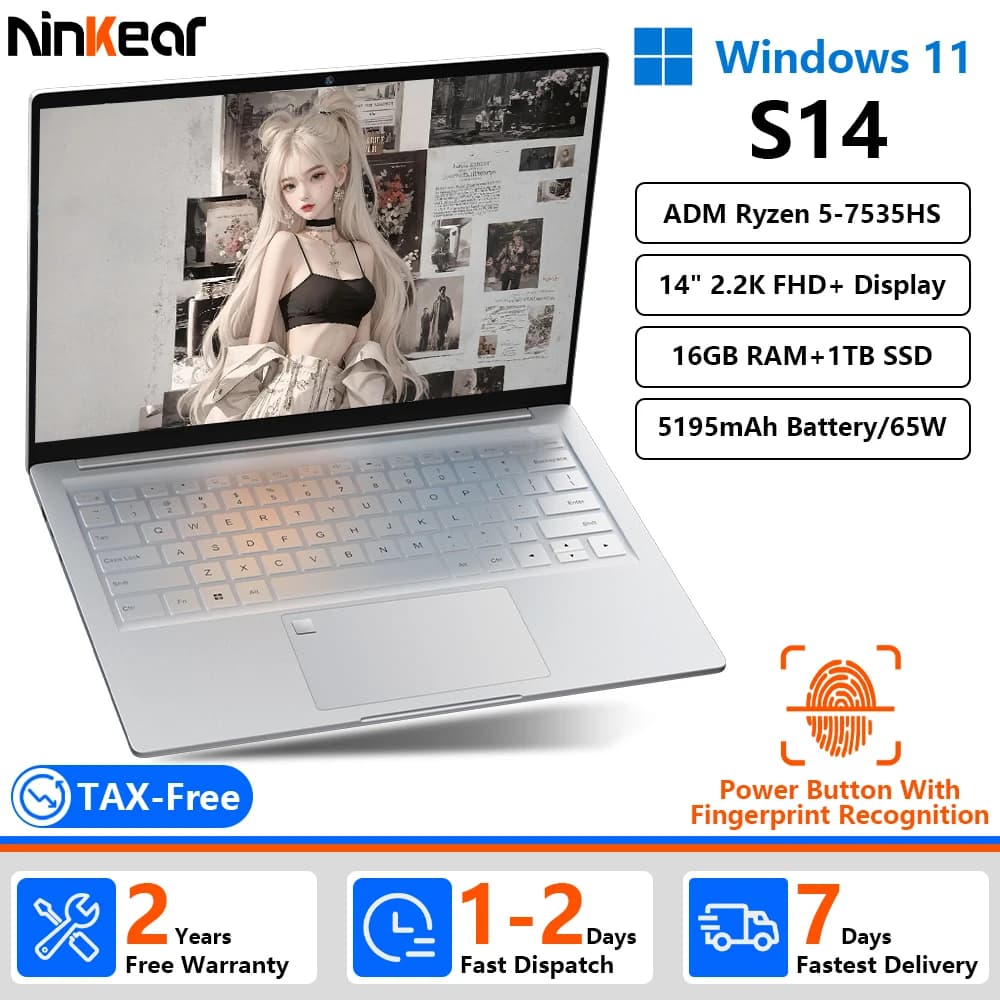 [Shipped From Within Europe]Ninkear S14 Laptop AMD Ryzen 5 6600H 14" 2.2K 100% sRGB Display 16GB DDR4+1TB SSD Wi-Fi 6 Bluetooth 5.2 Winddows 11 Pro 60Wh Battery 65W Charging