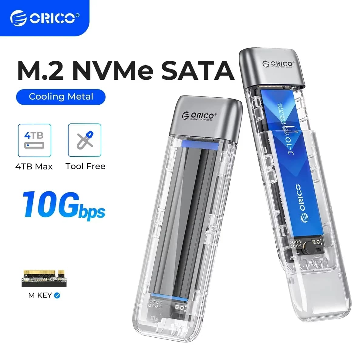 ORICO M.2 NVMe SSD Enclosure Tool-Free USB 3.2 Type-C 10Gbps to SSD Enclosure for NVMe M.2 M Key SSD Support 2230/2242/2260/2280 Up to 4TB Max Capacity
