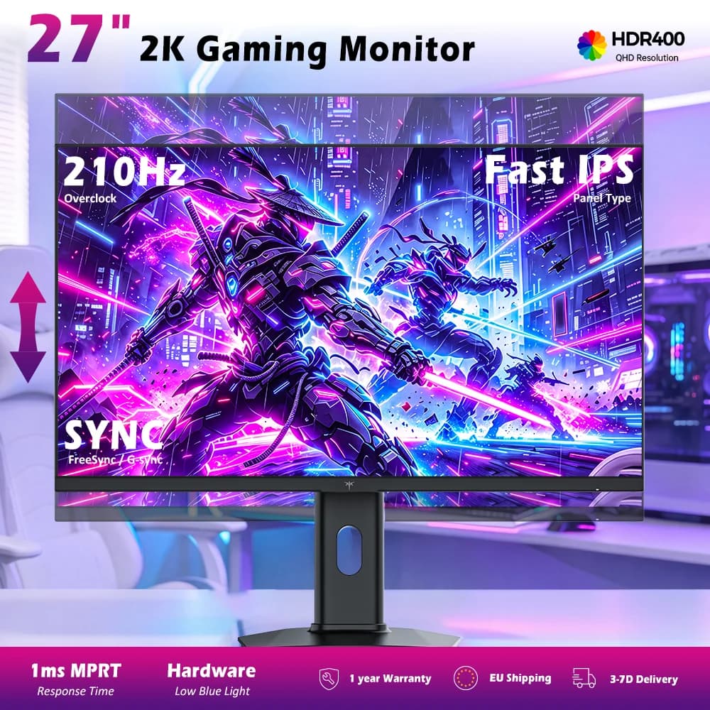 KTC H27T7P-2 Gaming Monitor27' Fast IPS 2560×1440 QHD 200Hz Overdrive to 210Hz,16:9,ELED,1.07 Billion Colors (8-bit + Hi-FRC),DC12V/4A,400 cd/m² brightness,HDR400, FreeSync and G-Sync technologies